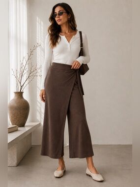 Zara Wrap Front Knit Wide Leg Pants Brown Soft Knit Lounge Pants L